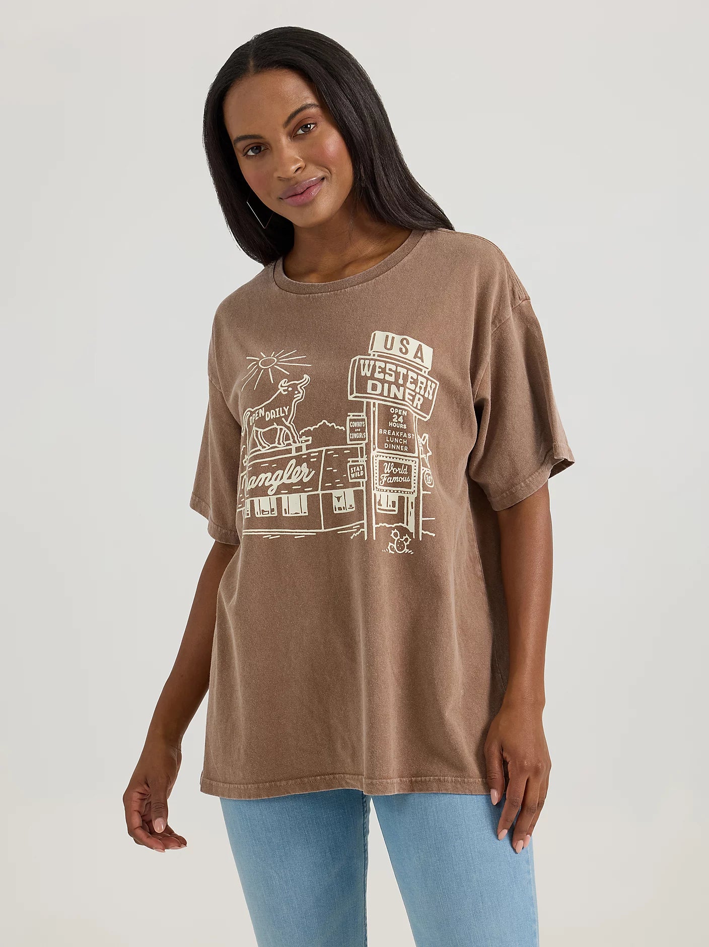 Women's Wranger Acid Wash Graphic Oversized Tee - RAWHIDE