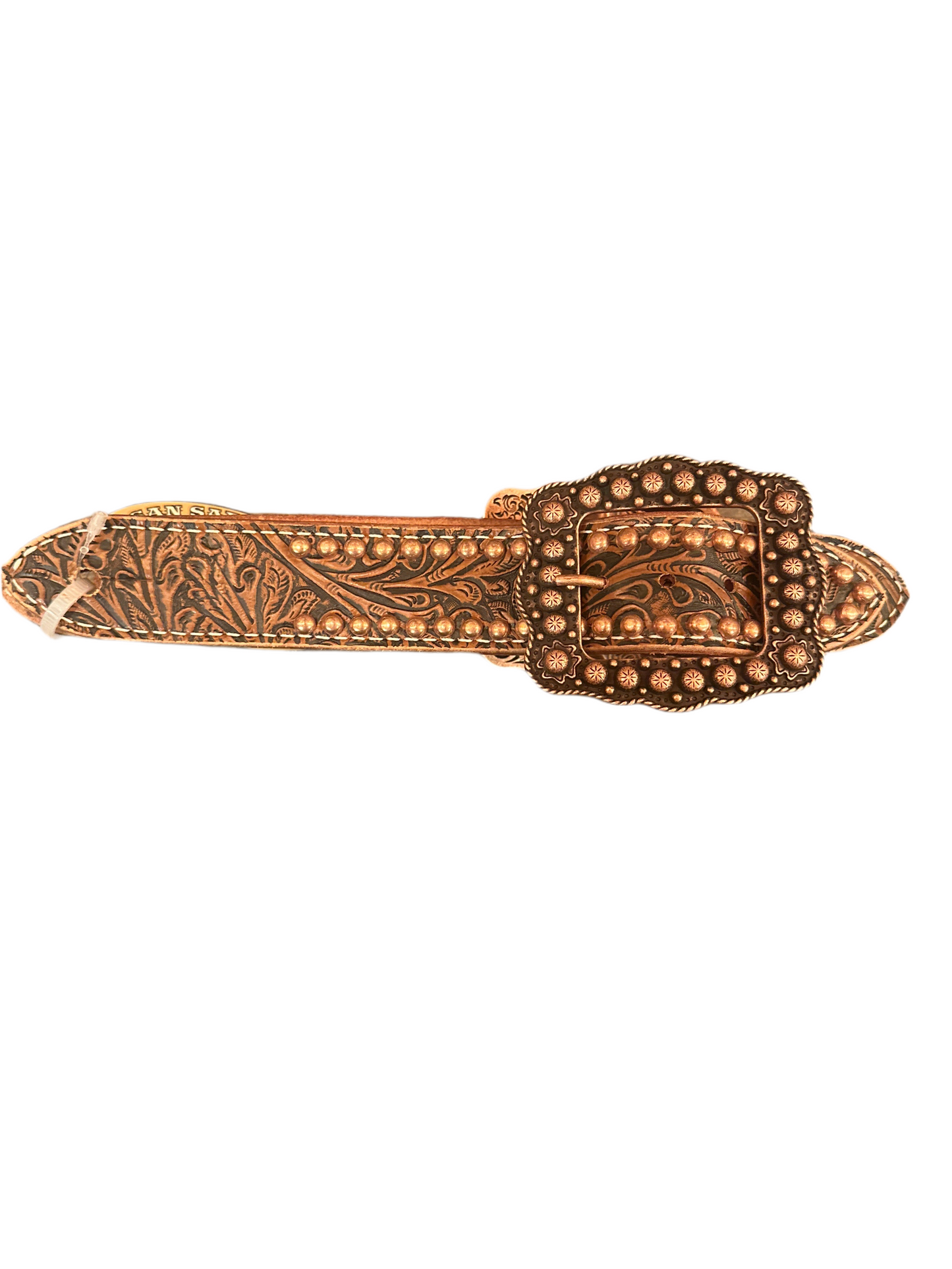 San Saba Belt Spur Straps - Brown Floral w/ Copper Buckle & Spots