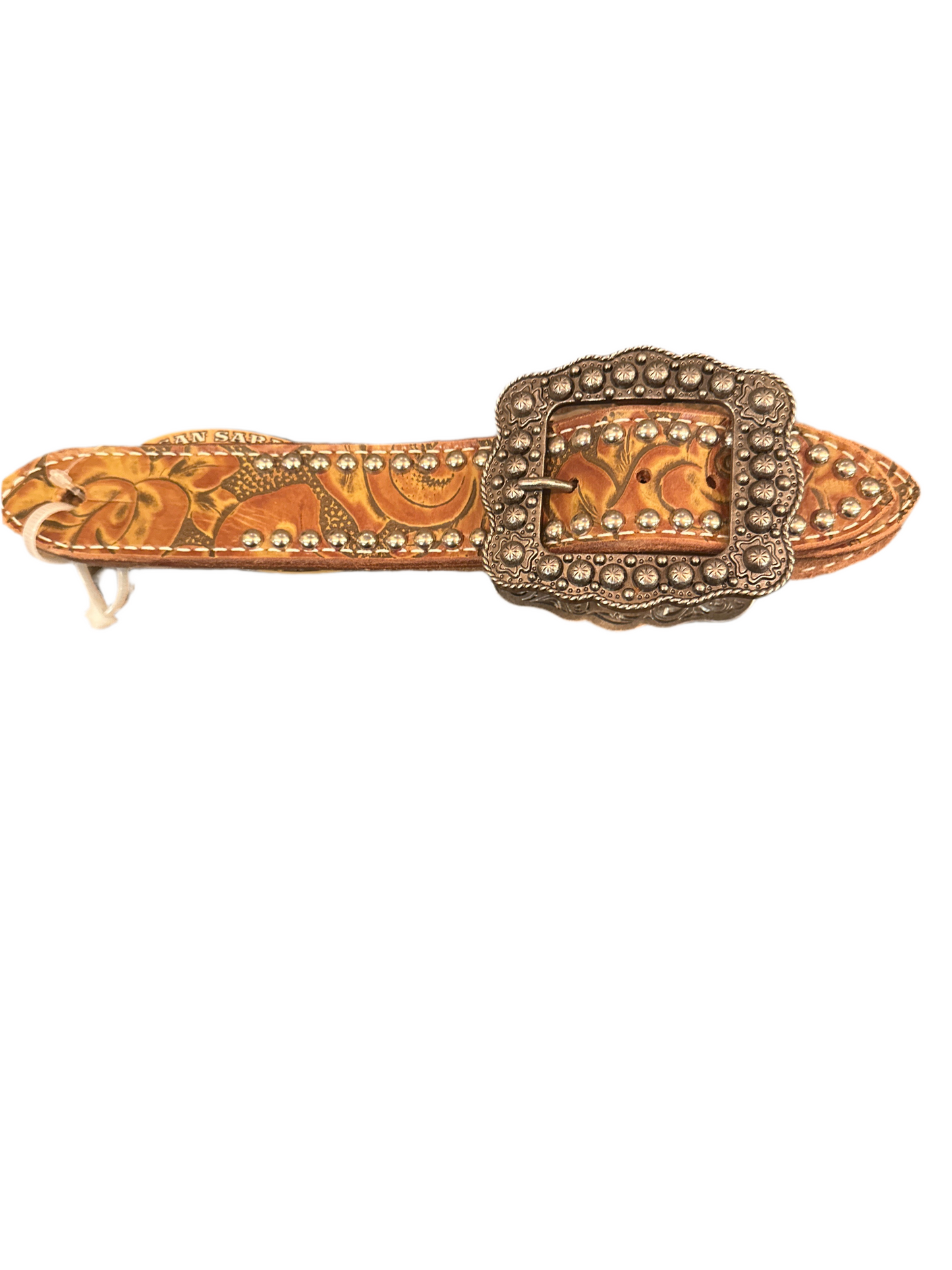 San Saba Belt Spur Straps - Whiskey Brown Floral w/ Old Silver Buckle & Spots