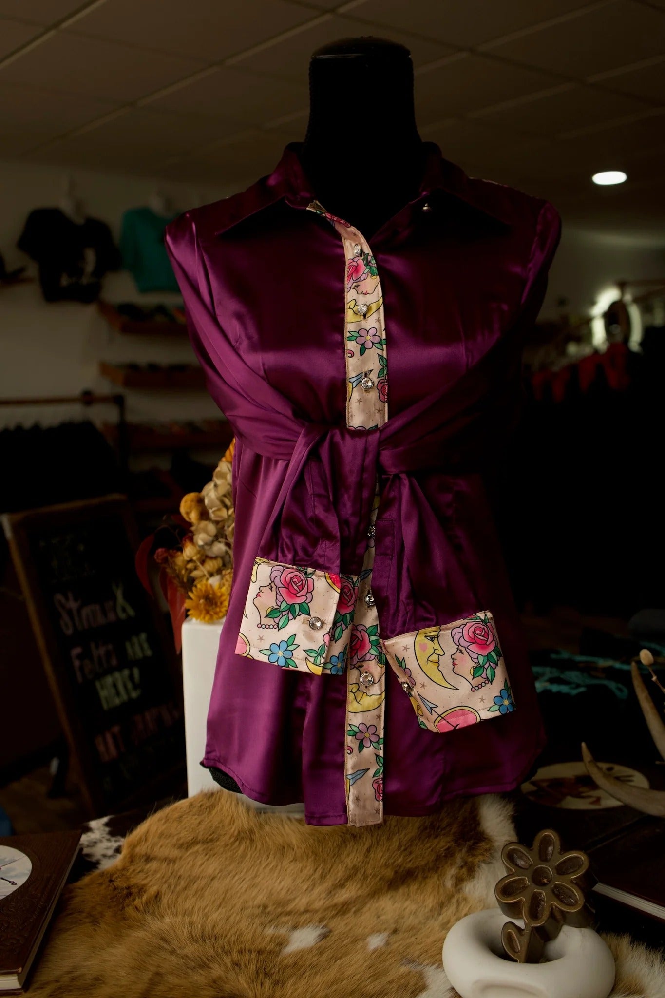 CLEARANCE - DIYDC - Long Sleeve Button Up Satin with Satin Accents - L - Moon Child Flash Sheet on Purple