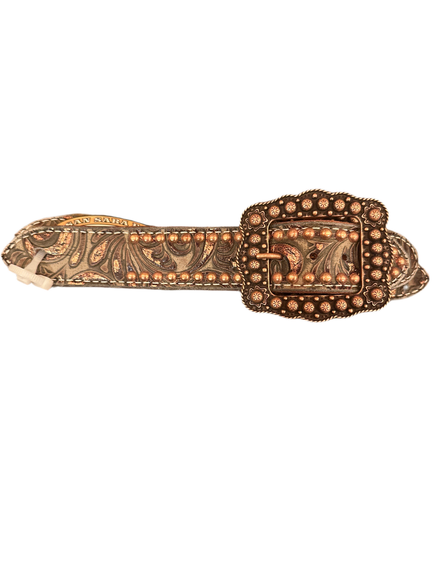 San Saba Belt Spur Straps - Mossy Grey & Gold Floral w/ Copper Buckle & Spots