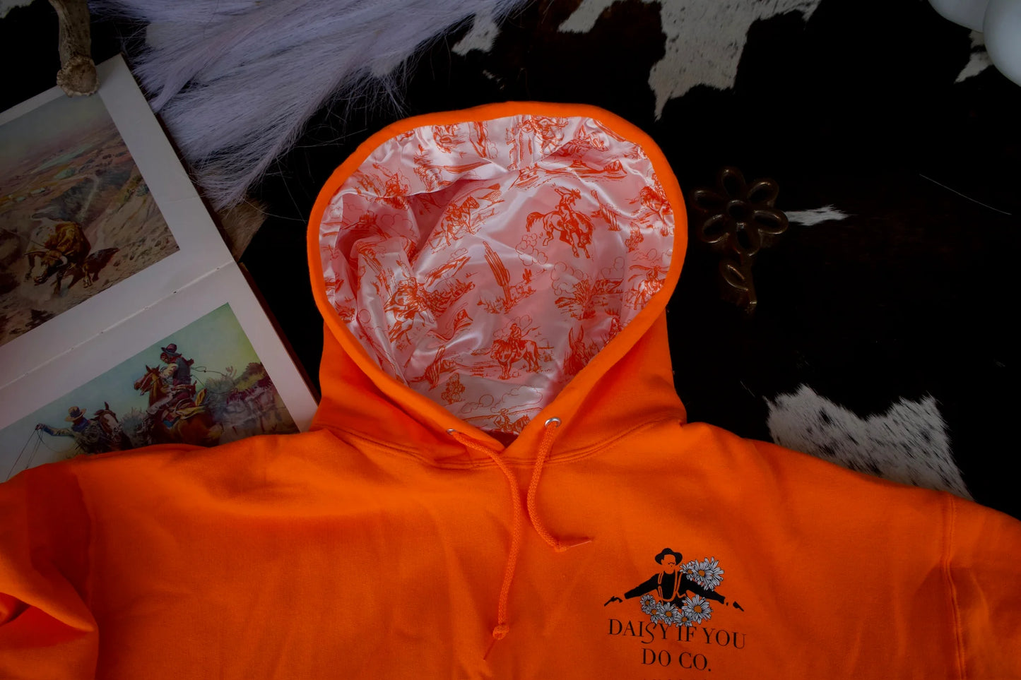 CLEARANCE - Daisy If You Do Co "Original" Sweatshirt with Satin Lined Hoody - CLEARANCE - XL - Brightest Orange with Pokes Prairie