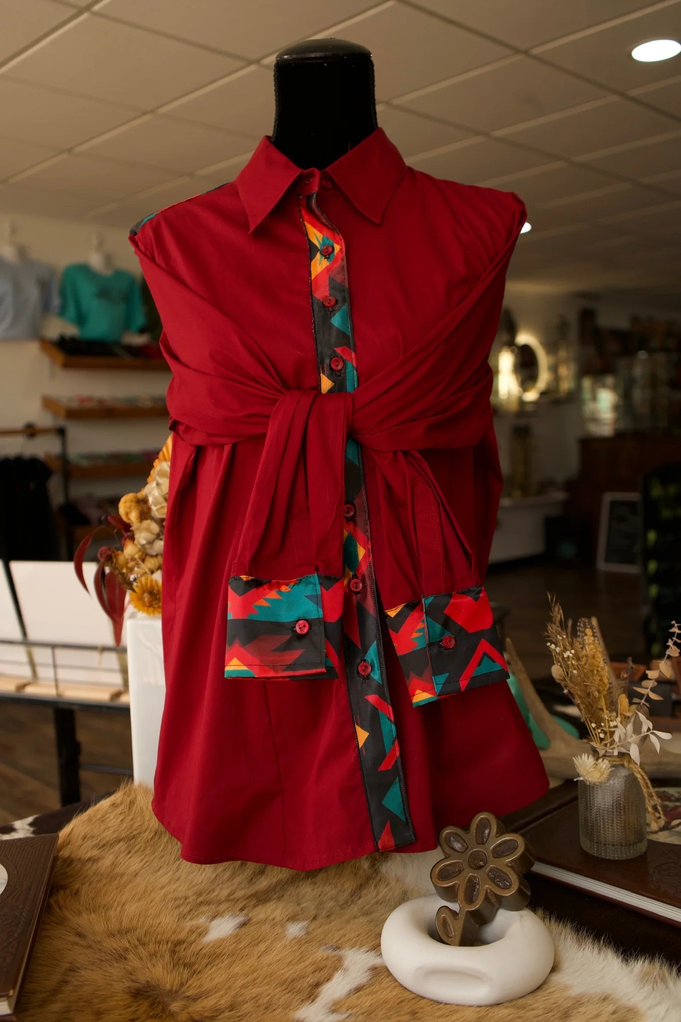 Womens' Daisy If You Do Long Sleeve Button Up Western Shirts - Cotton with Satin Accents - 2XL - Large Scale Navejo on Burgandy