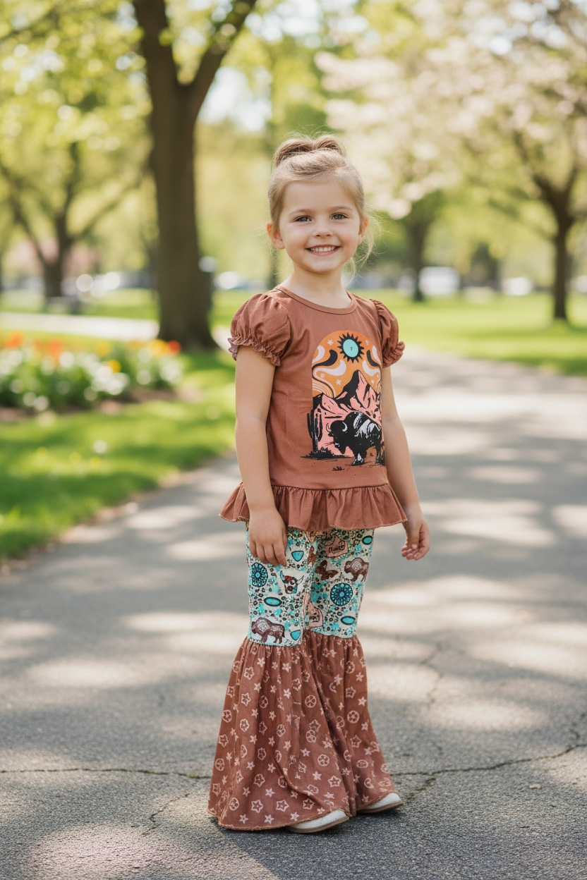 Baby Girl & Toddler - Bison printed on top & multi printed bell bottoms