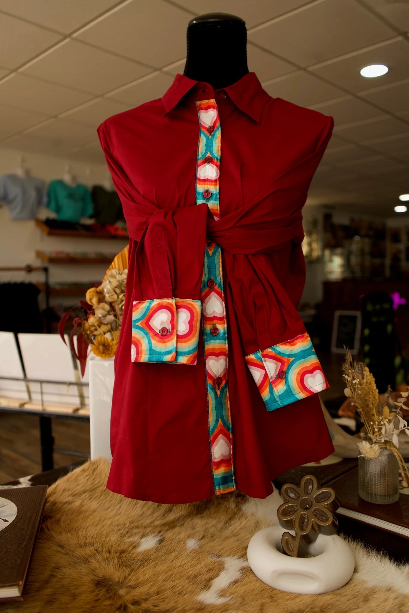 Womens' Daisy If You Do Long Sleeve Button Up Western Shirts - Cotton with Satin Accents - XL - Rainbow Hearts on Burgandy