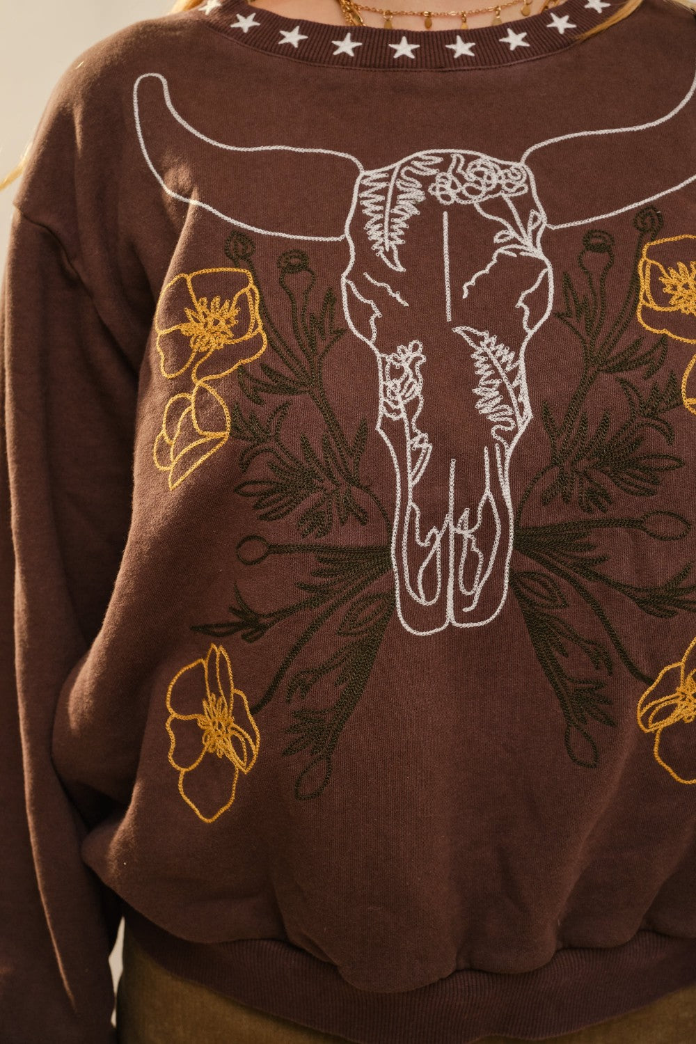 Mineral Wash Embroidered Sweatshirt-Brown