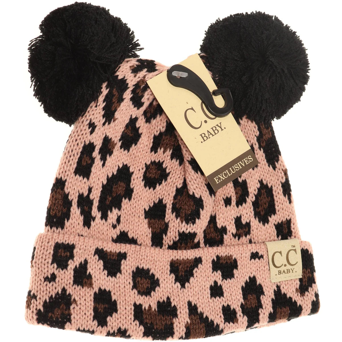 CLEARANCE - C.C Beanie Baby Leopard Double Pom Beanie- Indie Pink
