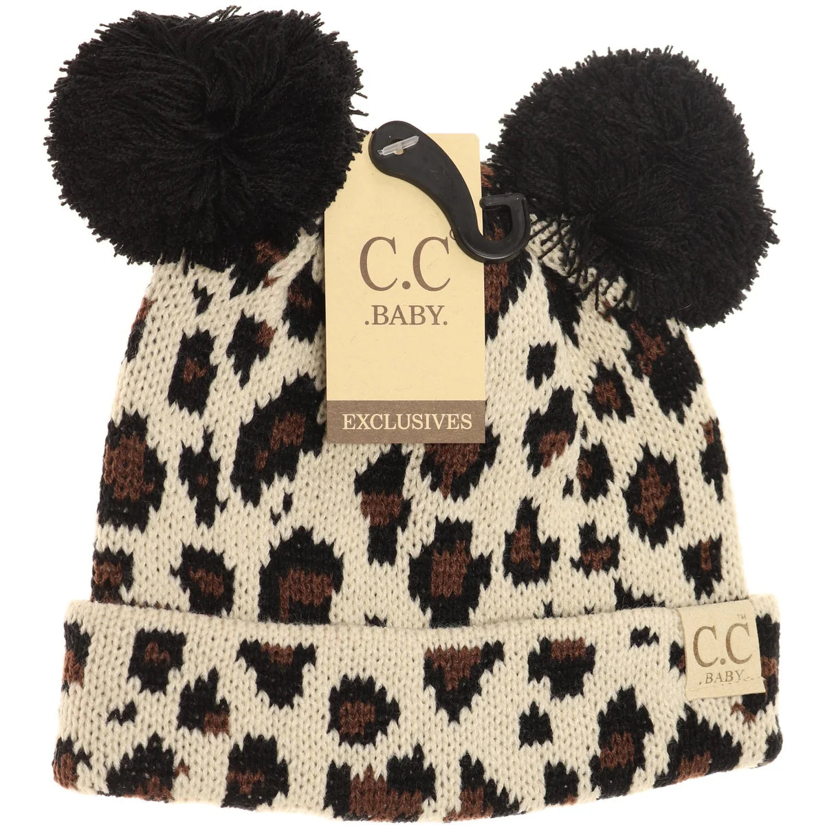 CLEARANCE - C.C Beanie Baby Leopard Double Pom Beanie- White