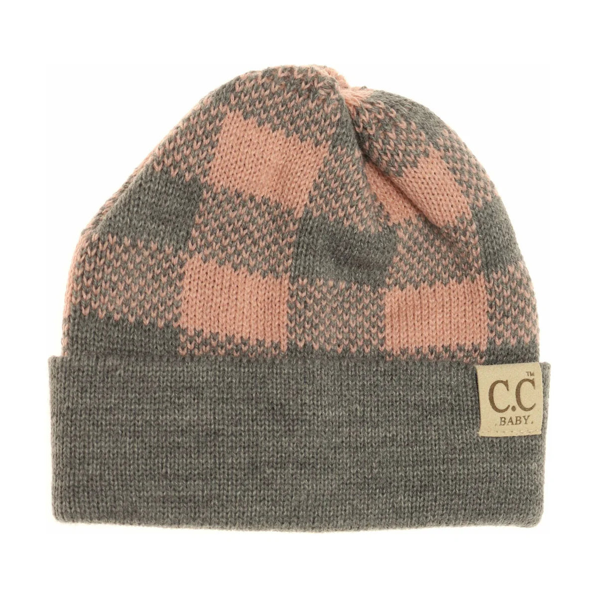 CLEARANCE - C.C Beanie BABY Buffalo Plaid Cuff Beanie- Lt. Grey/Indie Pink