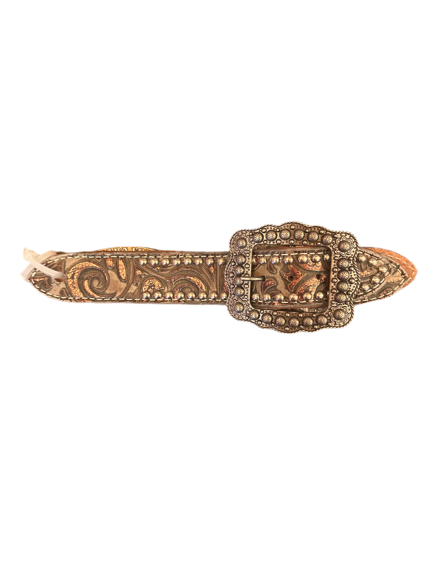 San Saba Belt Spur Straps - Moss Grey & Gold Floral w/ Old Silver Buckle & Spots