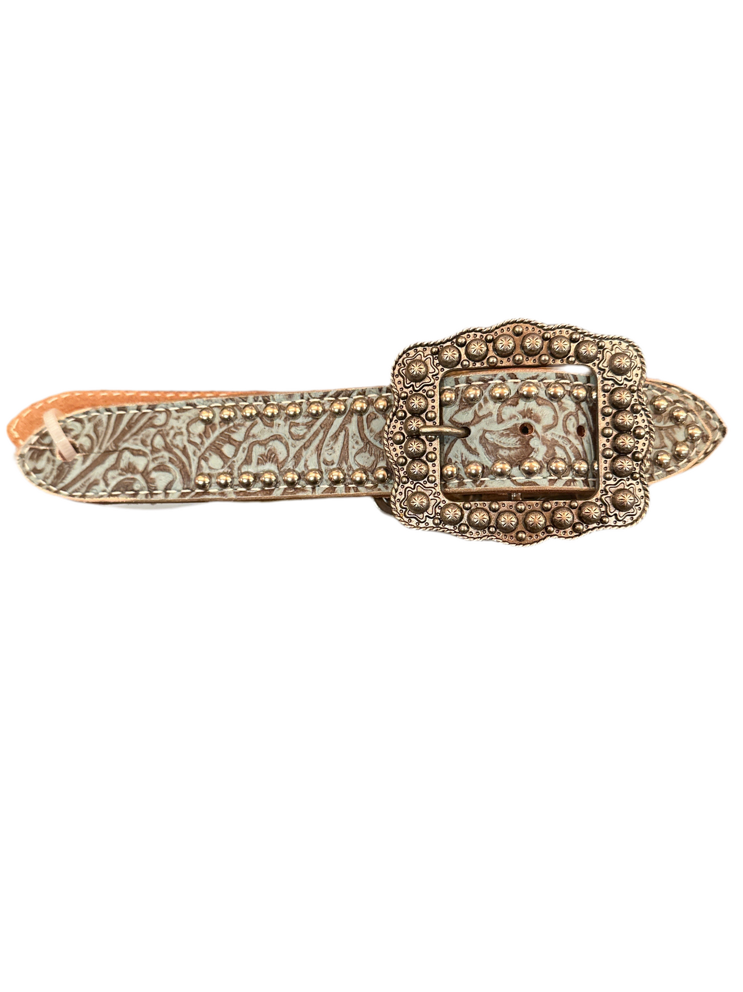 San Saba Belt Spur Straps - Turquoise Floral w/ Old Silver Buckle & Spots