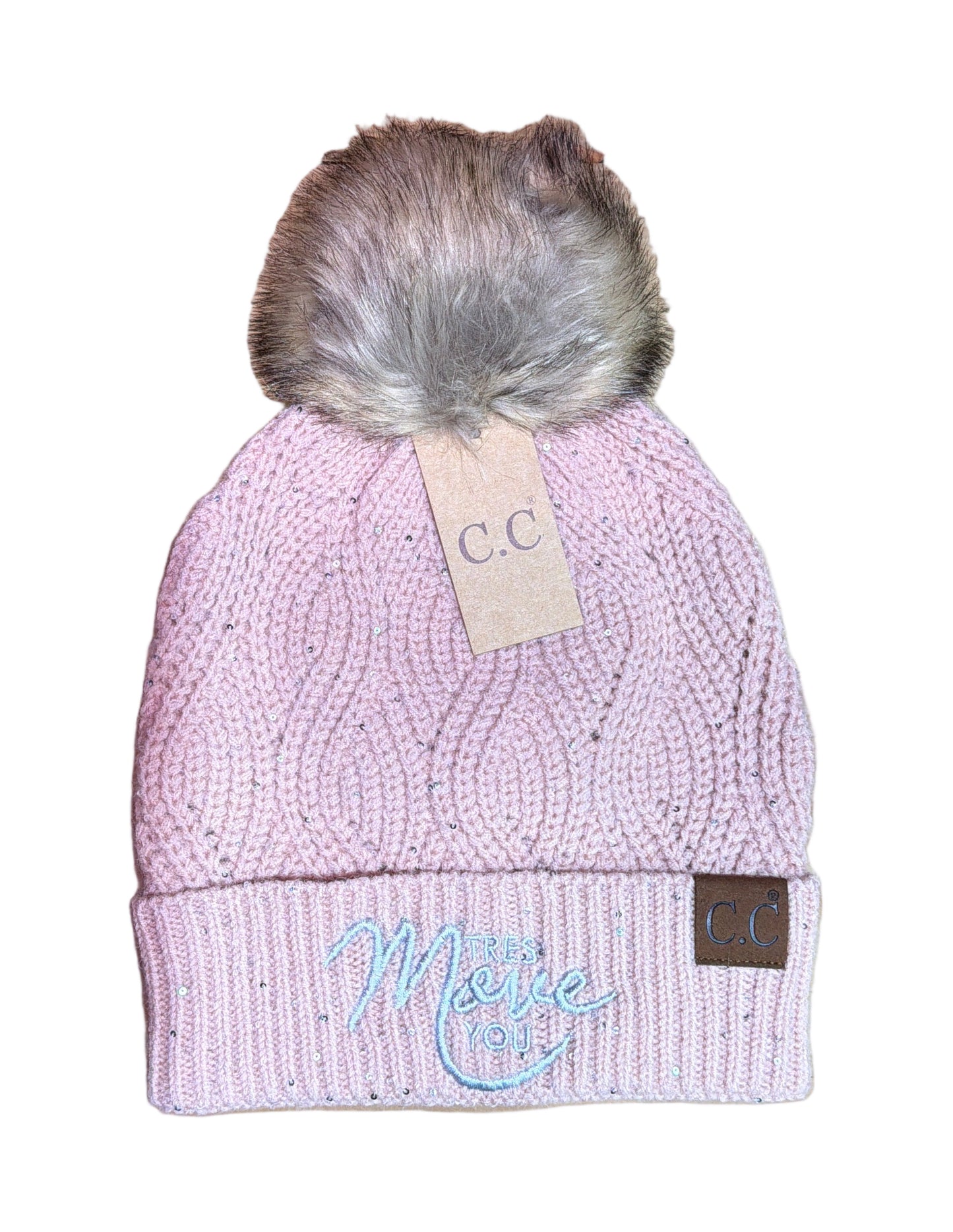 Tres Move You - C.C Beanie Sequin Brioche Cable Knit Fur Pom - Rose