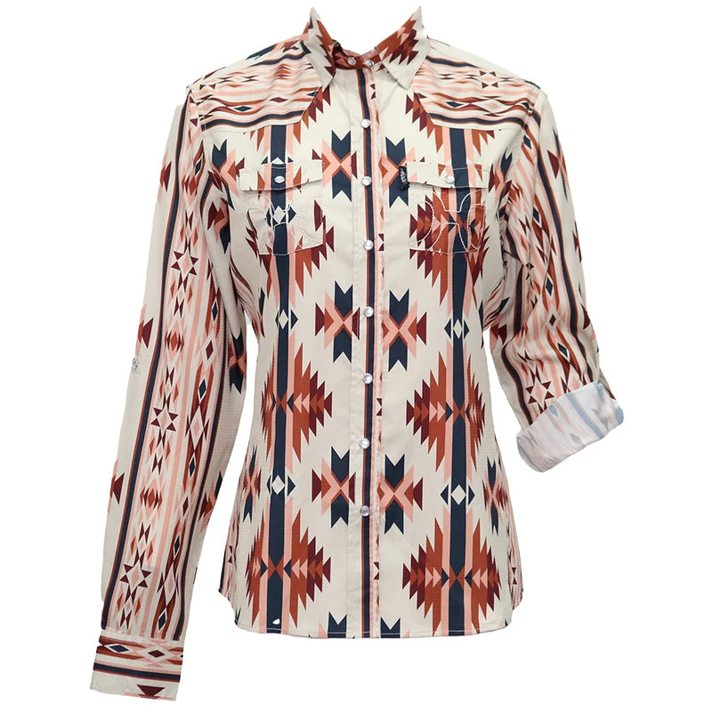 Hooey - "Sol" Ladies Long Sleeve Pearl Snap Shirt - Aztec Whitecap Grey/Baked Clay