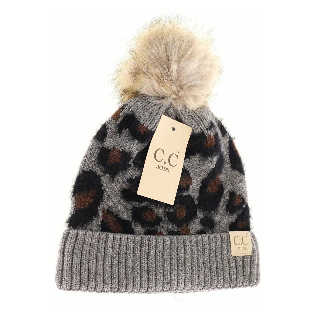 CLEARANCE - C.C KIDS Leopard Pom C.C Beanie - L.T Melange Grey