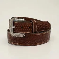 Nocona Mens 1 7/8-1 1/2 Floral Tapered Basketweave Tab Brown Belt
