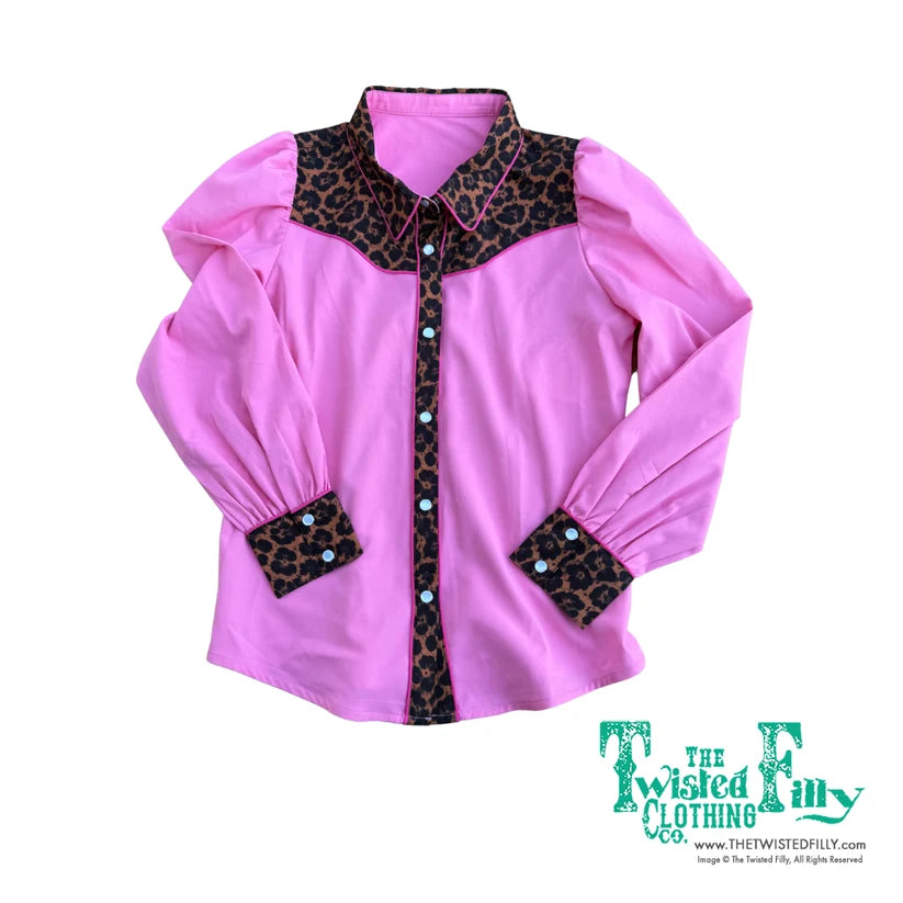 The Twisted Filly - Pink Cheetah Yoke - Youth Girls Long Sleeve Pearl Snap