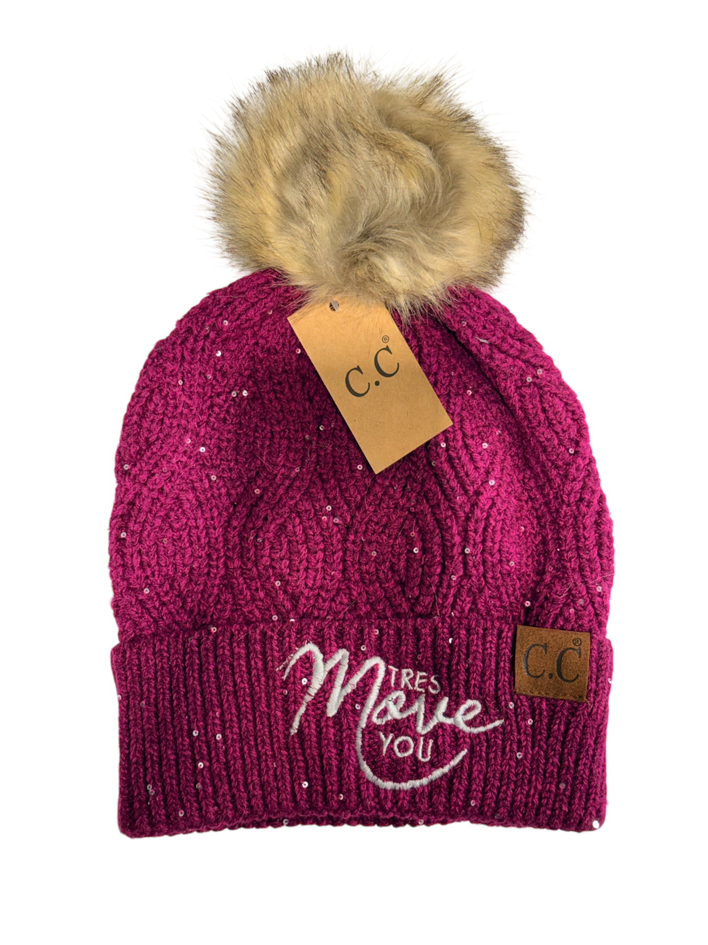 Tres Move You - Sequin Brioche Cable Knit Fur Pom C.C Beanie - Orchid Flower