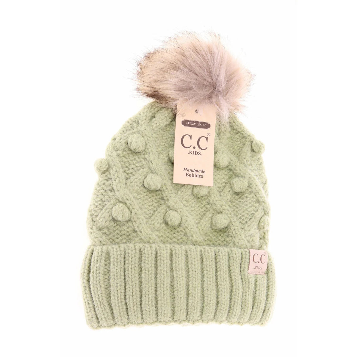 CLEARANCE - C.C KIDS Bobble Knit Faux Fur Pom - Winter Lime