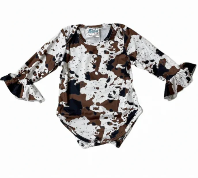 CLEARANCE - Shea Baby - Girls- Brown Cowprint Bell Sleeve Onsie