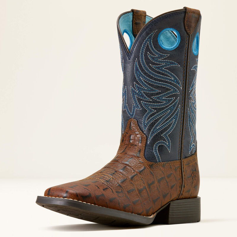 Ariat Youth Knox Wide Square Toe Western Boot - Brown Crocodile Print/Navy