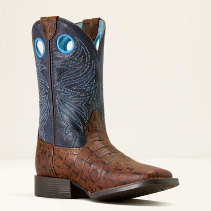 Ariat Youth Knox Wide Square Toe Western Boot - Brown Crocodile Print/Navy