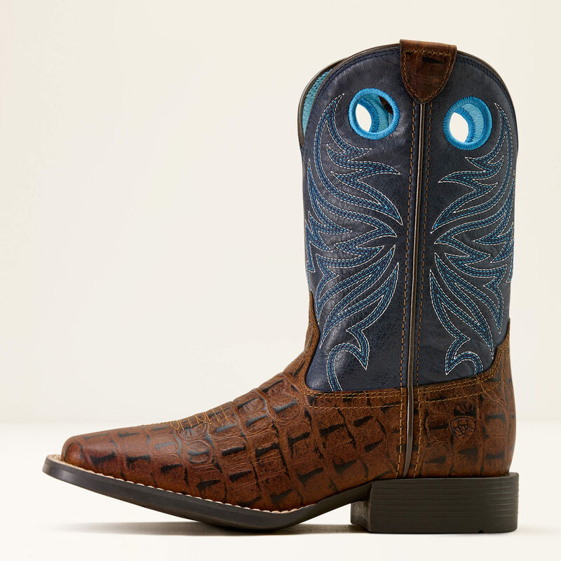 Ariat Youth Knox Wide Square Toe Western Boot - Brown Crocodile Print/Navy