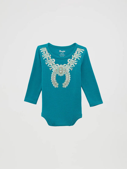 Wrangler's Baby Girls  Long Sleeve Graphic Knit Bodysuit - Teal Necklace