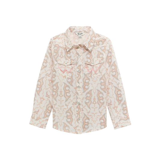 Wrangler Girl's Western Long Sleeve Button down Top - White