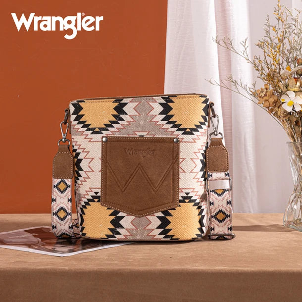 Wrangler Aztec Distressed Print Dual Sided Print Crossbody - Beige