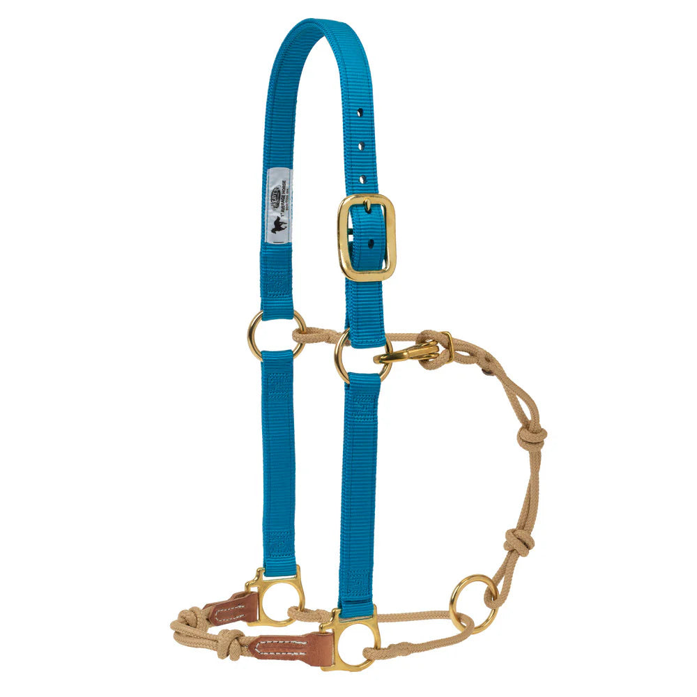 Weaver Horsemans Halter - Nylon, Rope, Leather Combo - Hurricane Blue/Tan