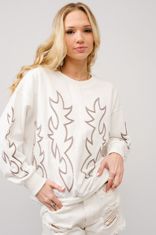 Western Boots Stitch Pullover Sweatshirt- Off White