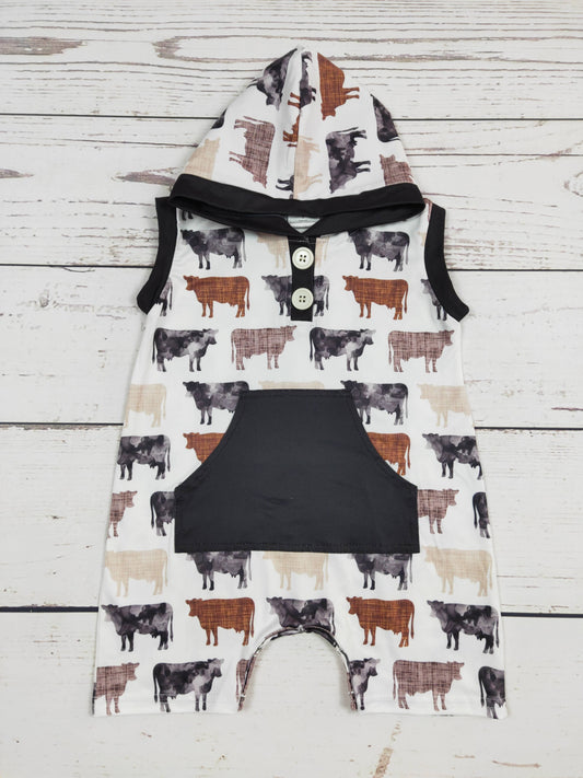 Boy Cows Printed Romper w/ Pocket and Hood