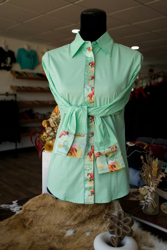 Girls'Daisy If You Do Western Long Sleeve Button Up Shirts - Cotton with  Satin Accents  - SMALL (YOUTH LARGE) - S - Turquoise Vintage Cowboy on Mint