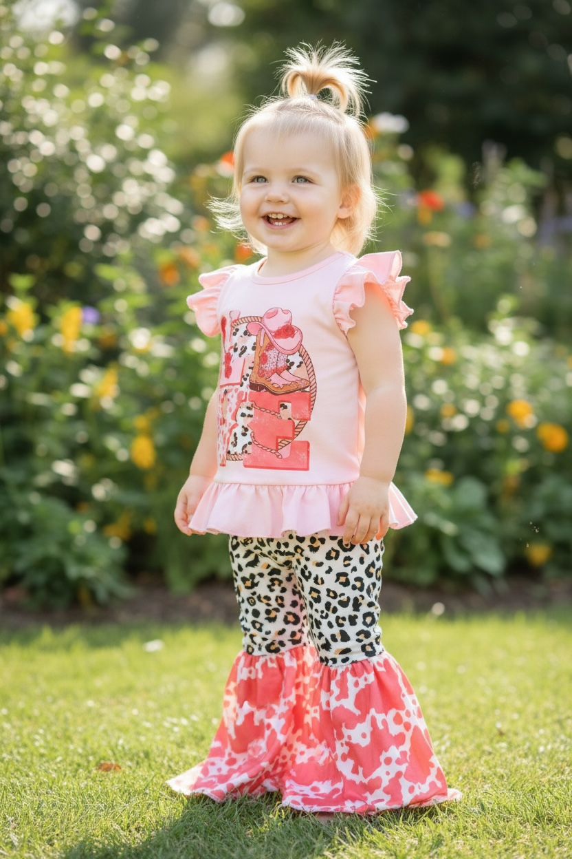 Baby Girls Set - Love" Western printed top w/bubble sleeve & bell bottoms.