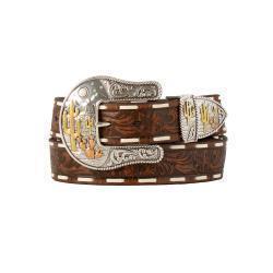 Angel Ranch Ladies Belt Foral Embossed Nylon Step Lace Brown