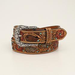 Ariat Ladies Belt 1 1/2 Cow Hair Underlay Red Flower Tan