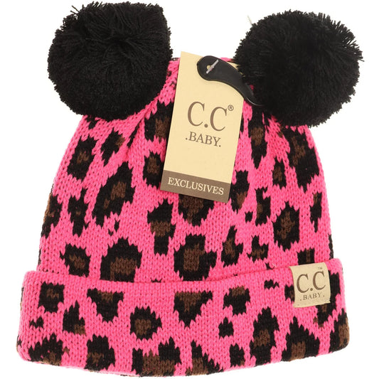 CLEARANCE - C.C Beanie Baby Leopard Double Pom Beanie- New Candy Pink