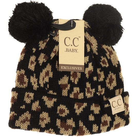 CLEARANCE - C.C Beanie Baby Leopard Double Pom Beanie- Black