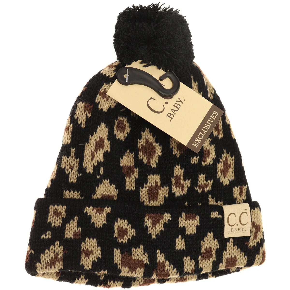 CLEARANCE - C.C Beanie Baby Leopard Single Pom Beanie- Black