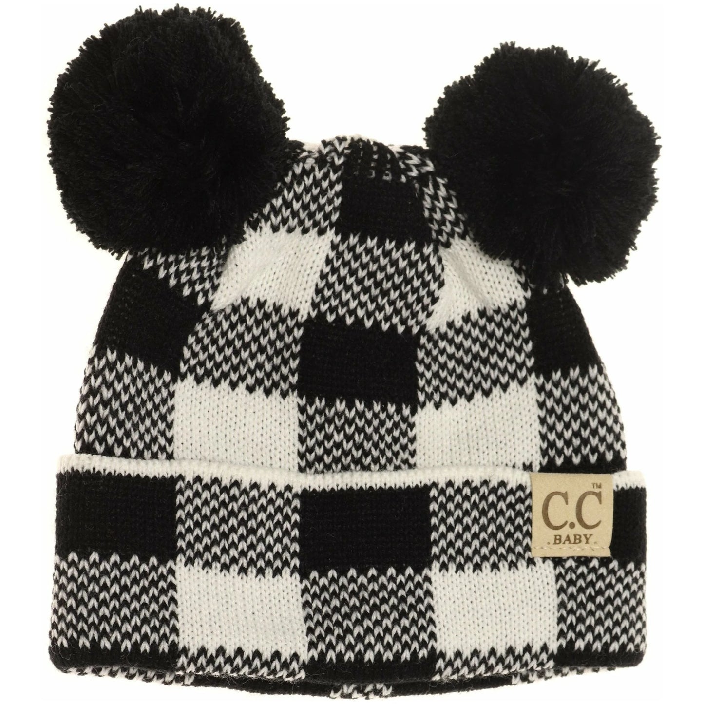 CLEARANCE - C.C Beanie BABY Buffalo Plaid Pom Pom Beanie- Black/White