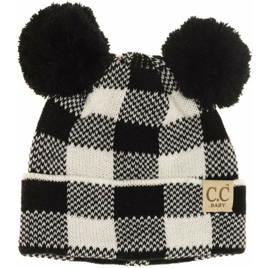 CLEARANCE - C.C Beanie BABY Buffalo Plaid Pom Pom Beanie- Black/White