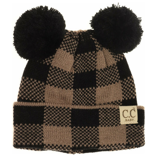 CLEARANCE - C.C Beanie BABY Buffalo Plaid Pom Pom Beanie- Black/Taupe