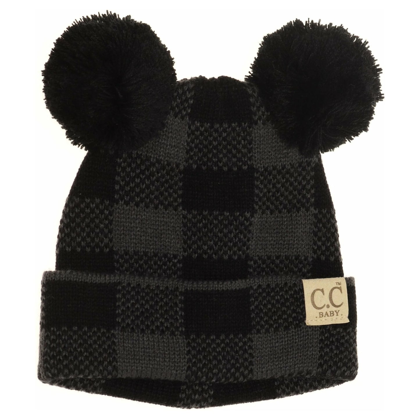 CLEARANCE - C.C Beanie BABY Buffalo Plaid Pom Pom Beanie- Black/Dk. Grey