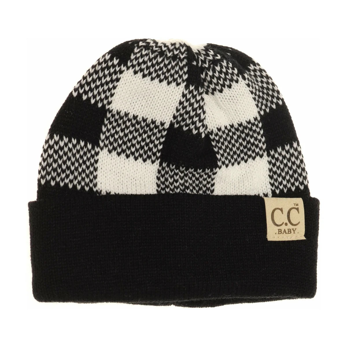 CLEARANCE - C.C Beanie BABY Buffalo Plaid Cuff Beanie- Black/White