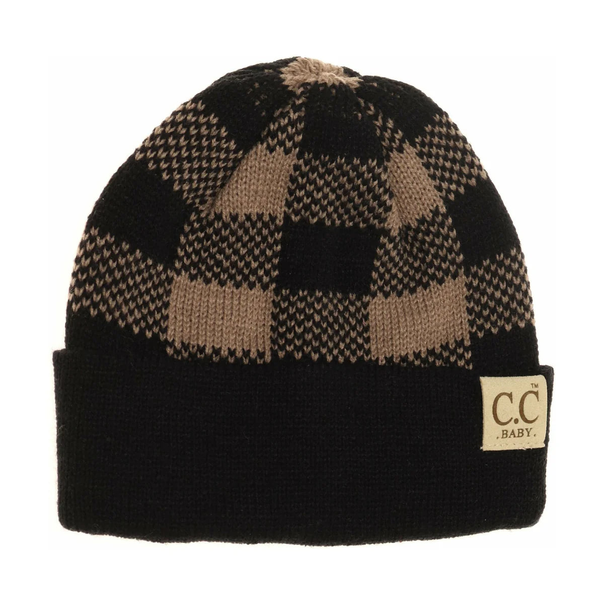 CLEARANCE - C.C Beanie BABY Buffalo Plaid Cuff Beanie- Black/Taupe