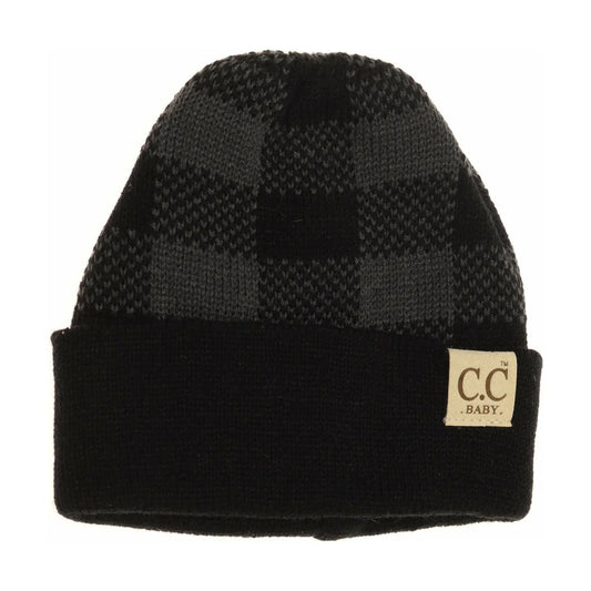 CLEARANCE - C.C Beanie BABY Buffalo Plaid Cuff Beanie- Black/Dk. Grey