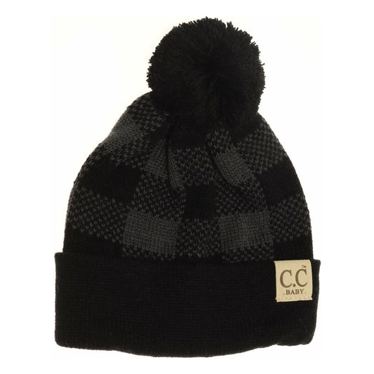 CLEARANCE - C.C Beanie BABY Buffalo Plaid Pom Beanie- Black/Dk. Grey