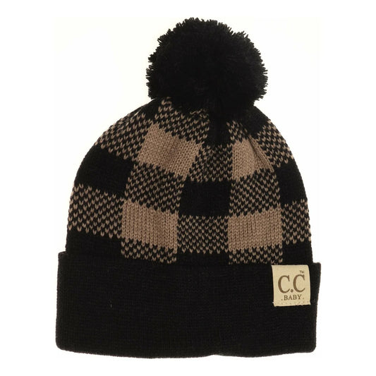 CLEARANCE - C.C Beanie BABY Buffalo Plaid Pom Beanie- Black/Taupe