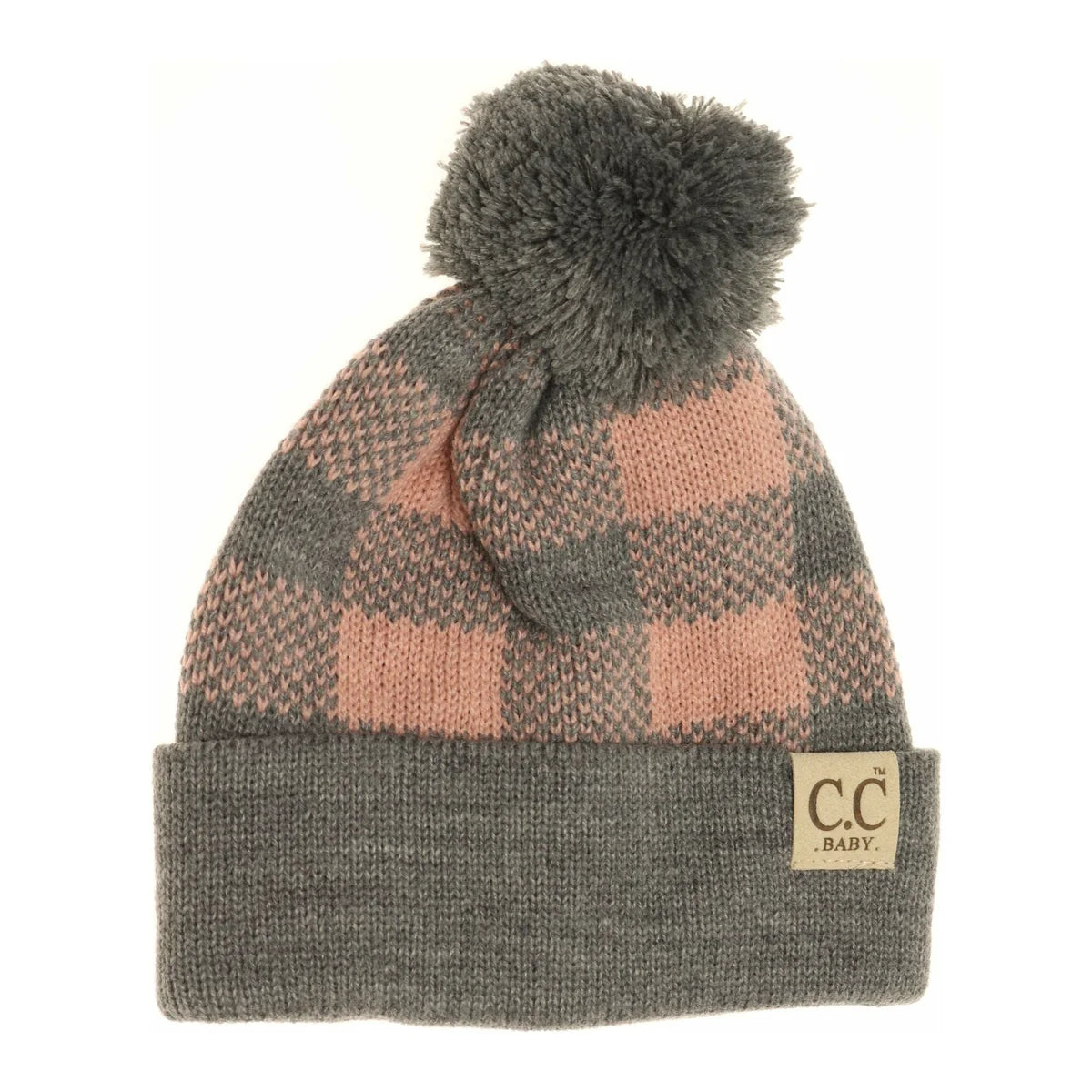 CLEARANCE - C.C Beanie BABY Buffalo Plaid Pom Beanie- Lt. Grey/Indie Pink