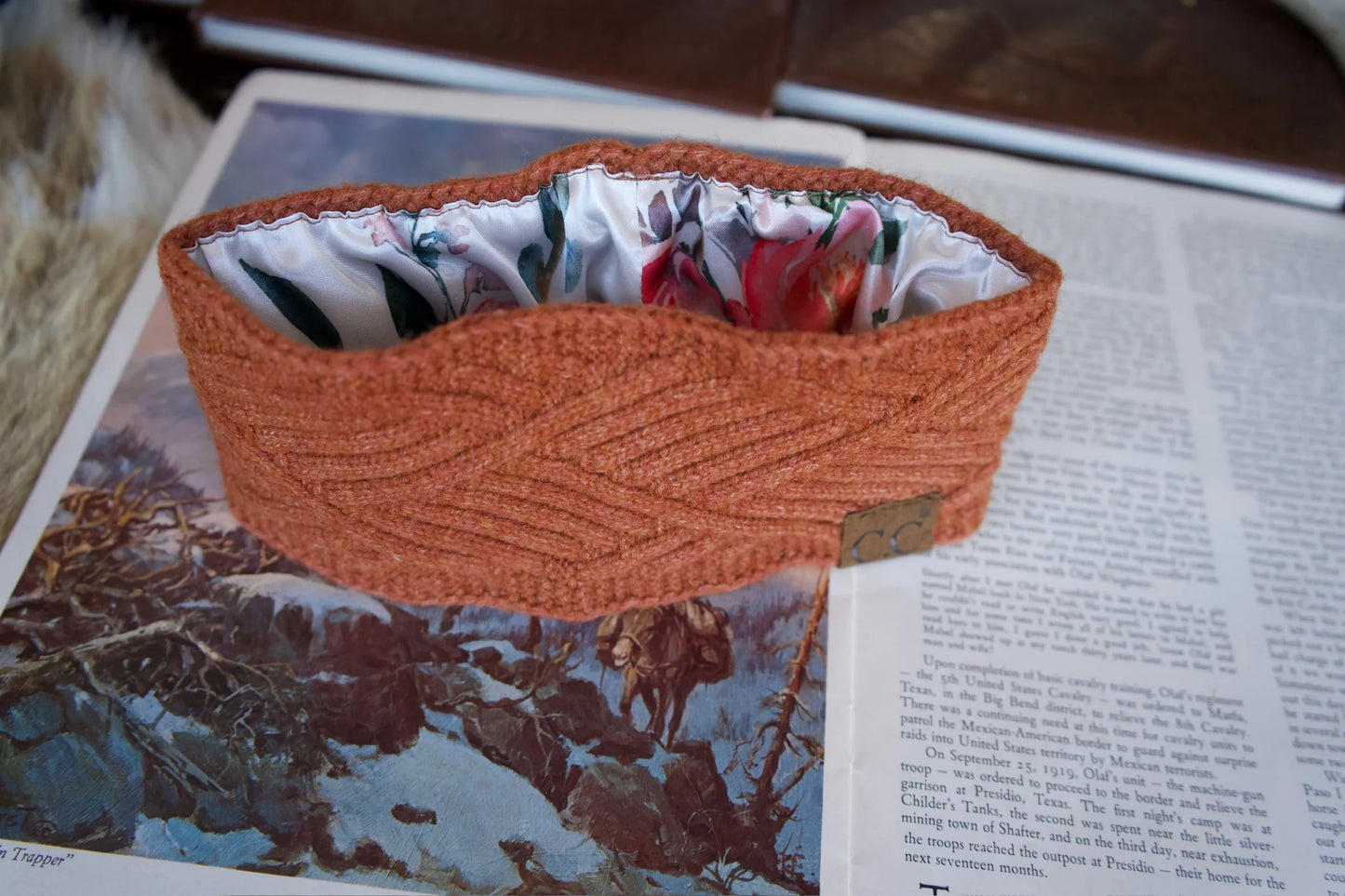 Knitted Headbands Lined with Daisy If You Do Co. Printed Satin - Rust Chevron w/ White Verses